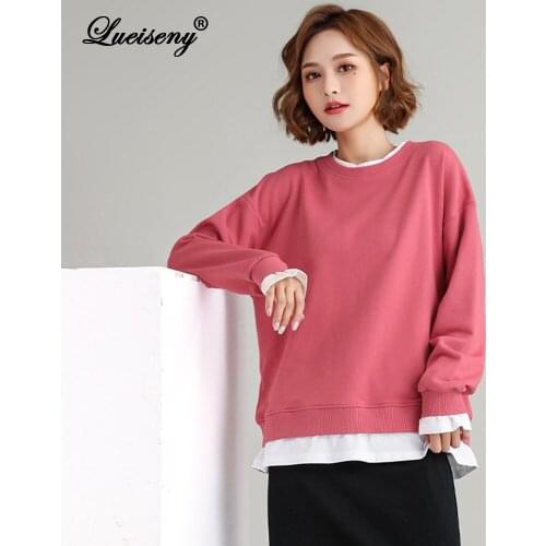 LUEISENY Loose Sweatshirt Long Sleeve 2020 Autumn Fake Two-piece Pullovers Casual O Neck Long Sleeve sudaderas para mujer