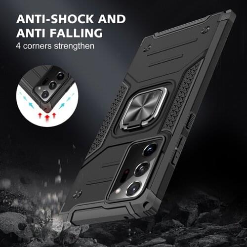 Magnetic Metal Finger Ring Stand Holder Armor Shockproof Case For Samsung Galaxy Note 20 Ultra Soft TPU Frame Hard PC Back Cover