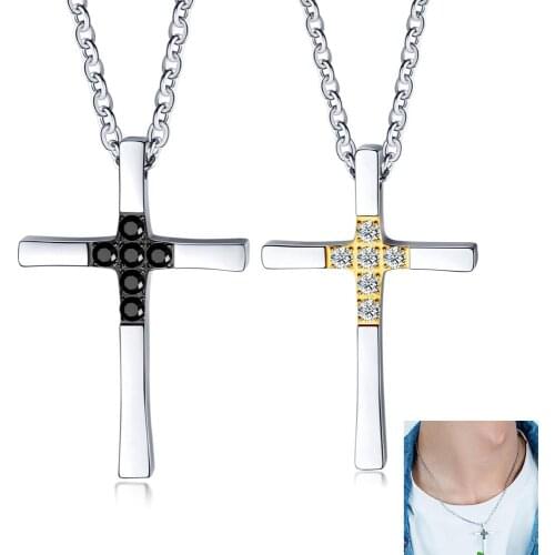 Mens Cross Pendant Necklace Fashion Stainless Steel with Cubic zirconia Pendant on Rolo Chain for Couple Jewelry Gift