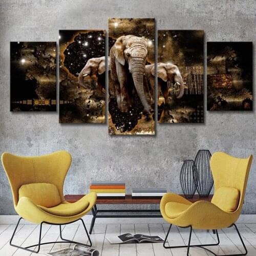 5 Pcs KIT Fashion Wall Art Canvas Painting Abstract Golden Texture Animal Elephant Earth Plate Painting Modern Home Decoration