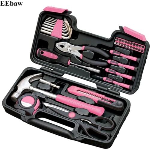 39 Piece Household Home Hand Tools Set with Tool Box Storage Case Pink Ribbon General Repair Tool Set