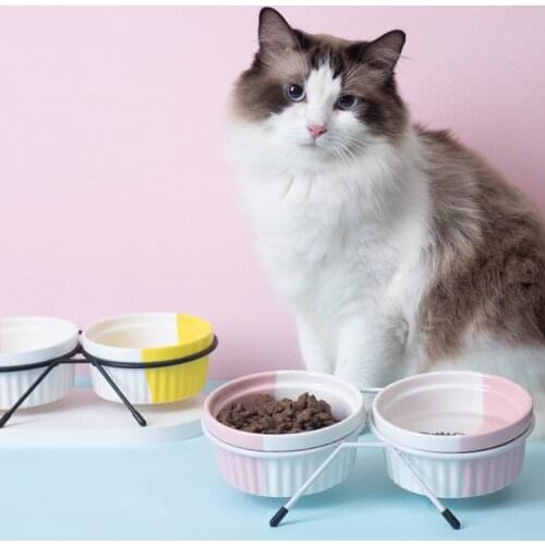 2021 New Pet Ceramic Bowl with Bamboo Stand Cat Bowl Dog Bowl Pet Drinking Bowl Food Container Cat and Dog Feeding Supplies