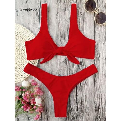 New Bikini Knotted Padded Thong Bikini Set Women Swimwear Swimsuit Scoop Neck Solid High Cut Bathing Suit Brazilian Biquni