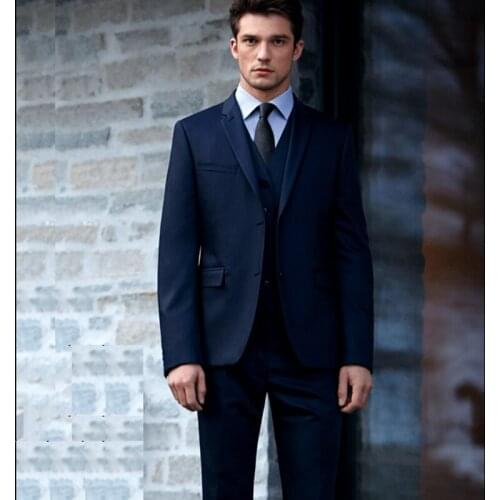 2021 Autumn Fashion High Quality Dark Blue Men Suits Slim Fit Groom Tuxedo For Wedding Dinner Party 3-Piece (Jacket+Vest+Pants)