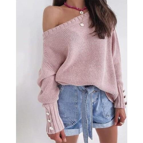 Autumn Winter Ladies Vintage Solid Knit Button Long Sleeve One Shoulder Sweater Jumpers Warm Kawaii Sweet Pink Pull Femme Hiver
