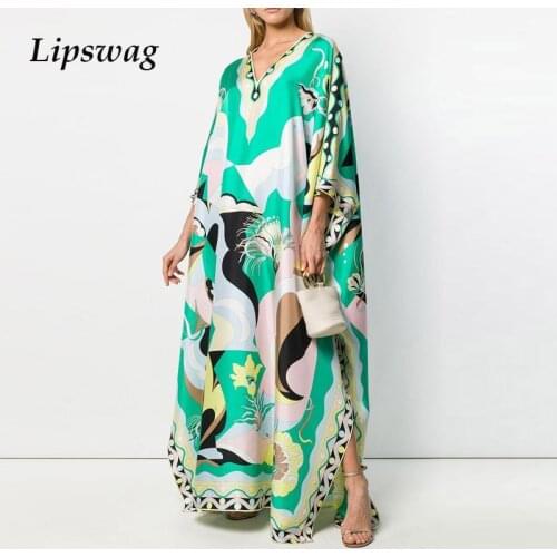 Elegant V-neck Split Lady Party Dresses Vintage Floral Printed Beach Long Dress Fashion Summer 3/4 Sleeve Women Loose Maxi Dress