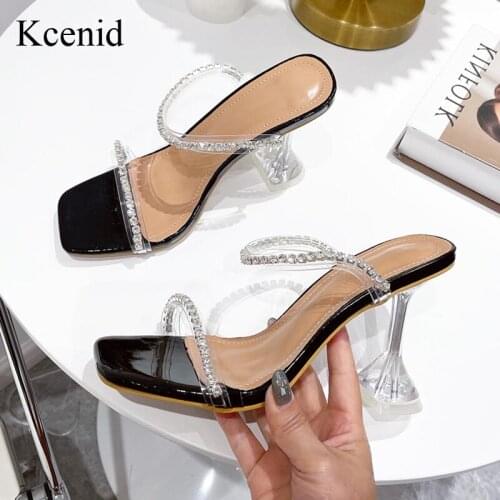 Kcenid New Fashion Crystal Embelished Strappy Slippers Sandals Cup High Heel Slippers Party Shoes Square Open Toe Dress Mules