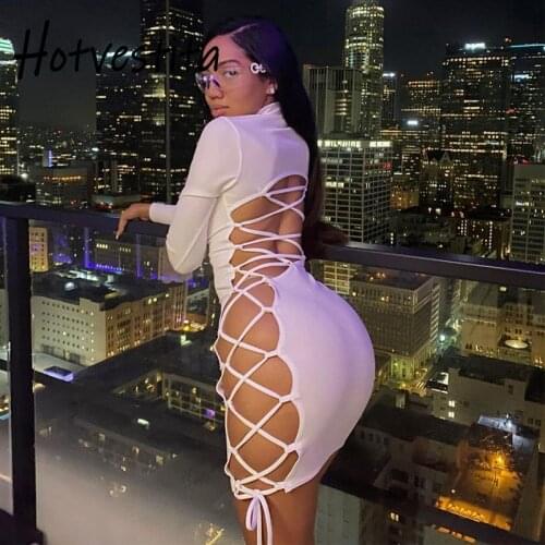 Hotvestita Sexy Party Mini Dress Backless Lace Up Criss Cross Side Hollow Out 2021 Fashion Long Sleeve Women Bodycon Club Dress