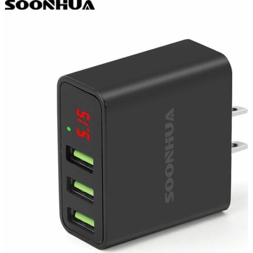 SOONHUA Portable 3-Port USB 5V 3A Quick Charger Phone Wall Charger Adapter With Smart IC Digital Display 100-240V US/EU Plug
