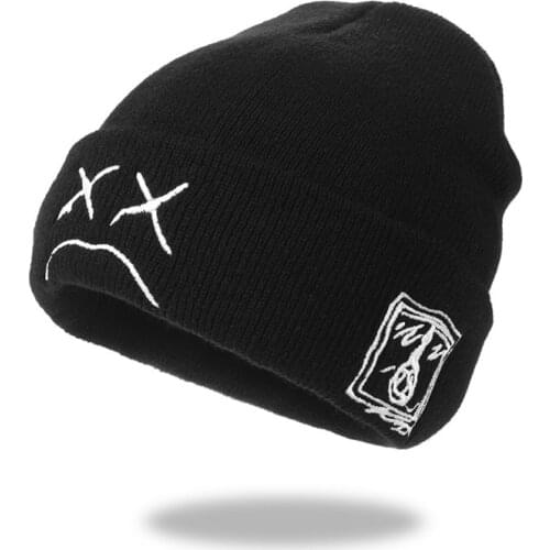 SHATANGJU Beanies Knitted Hat Embroidered Skullies Hat with Sad Expression Cap Autumn Winter Warm Woolen Hat for Men and Women