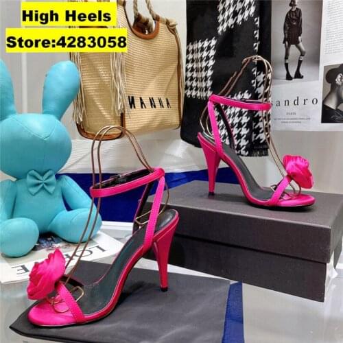 Summer Sexy Lady Fashion Women Shoes Fucsia Satin Flowers Pointy Toe Stiletto Stripper High Heels Zapatos Mujer Prom Evening