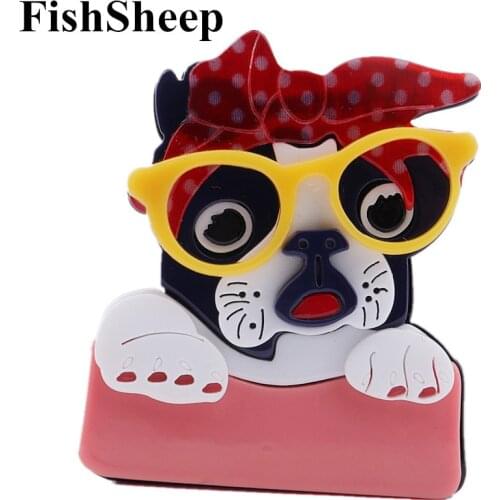 FishSheep New Cute Acrylic Dog Brooches Pins For Women Kids Cartoon Dog With Glasses Animal Brooch Jewelry Lapel Pins Icon Gifts