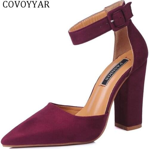 COVOYYAR 2019 Buckle Strap Women High Heels Pointed Pointed Toe Lady Pumps Elegant Stiletto Flock Thick Heel Casual Shoes WHH668