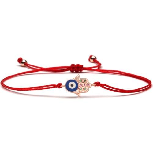 White AAA Sparkling Cubic Zirconia Stones Blue Evil Eye Hamsa Hand Luck Charm Bracelet Women Rose-gold Fatima Red String Jewelry