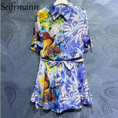 Seifrmann New 2021 Summer Women Fashion Designer Shorts Set Short Sleeve Loose Blouses + Bow Sashes Pockets Print Shorts Suits