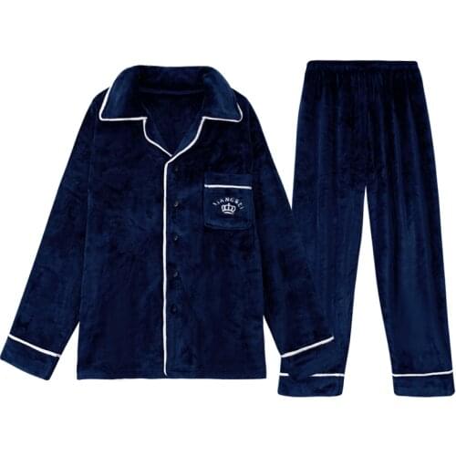 Winter Thick Warm Coral Fleece Men Pajamas Sets Long Sleeve Turn-down Collar Top+Pants Male Pyjamas Two Piece Set Loungewear 3XL