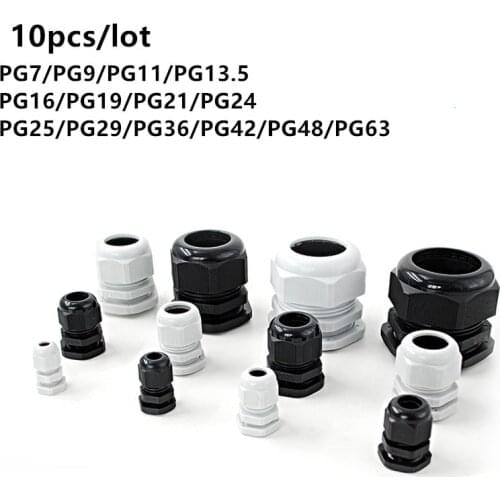 Waterproof Cable Gland 10pcs Cable entry IP68 PG7 for 3-6.5mm PG9 PG11 PG13.5 PG16 PG19/21/ White Black Nylon Plastic Connector