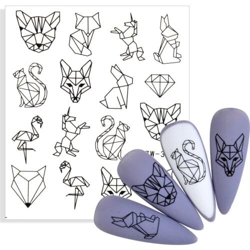 3D Black White Nail Art Sticker Abstract Geometric Animal Panda Leaf Flower Watermark Tattoo Nail Decal Manicure Decoration Tips