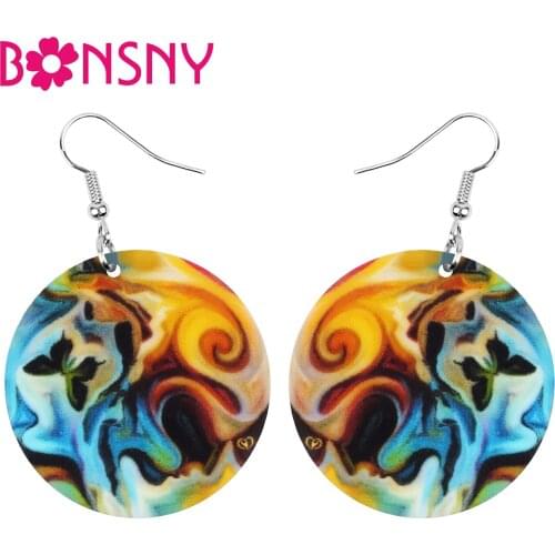 Bonsny Acrylic Round Line Camouflage Earrings Printing Big Unique Dangle Drop Jewelry For Women Teen Kid Artistic Gift Accessory