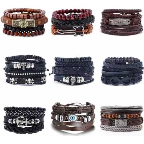 1pcs MenS Simplicity Style Leather Woven Bracelet Wooden Bead Set Multilayer Wide Wrap Jewelry Bracelet Ethnic Tribal Wristband