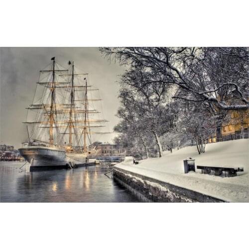 Living room home wall decoration sill fabric poster sailboat dock quay snow hdr ship boat winter bench