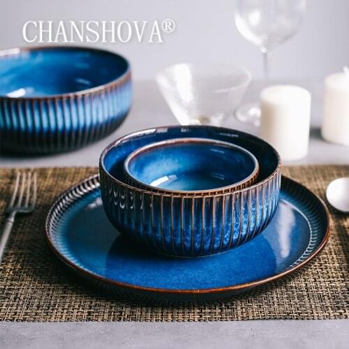 CHANSHOVA Blue Ceramic Personality noodle bowl salad bowl Porcelain Soup plate Kitchen Utensils H340