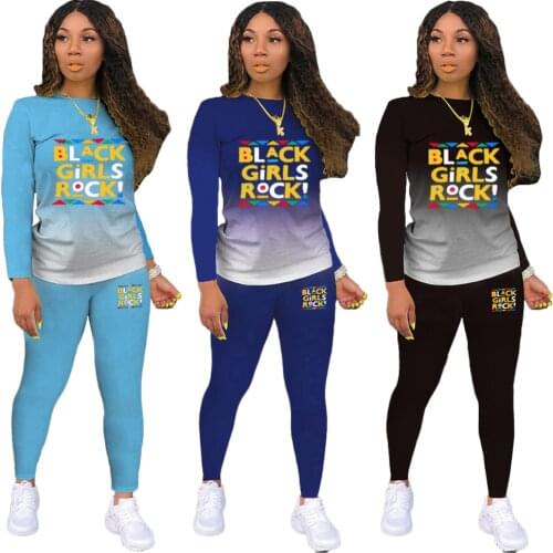 Ready to Ship Casual Fall Black Girls Rock Print For Two 2 Piece Set Women Clothing