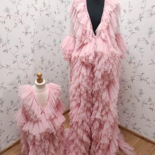 Cute Pink Mother And Kids Tulle Dressing Gowns For Photo Shoot Maternity Robes Daughter Dress Custom Made Extra Puffy