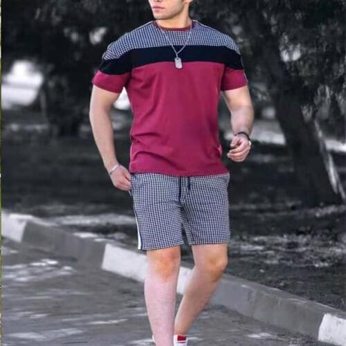 Mens Summer Casual Fashion Trend Splicing Suit Sports Short-Sleeved T-Shirt+Shorts Casual Loose Two-Piece Set Of 2021 New