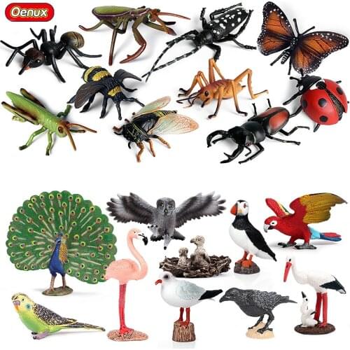 Oenux Bird Animal Flamingos Parrot Peacock Owl Model Action Figures Insect Bee Butterfly Mantis PVC Miniature Education Kids Toy