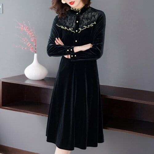 Chikichi 2020 Autumn New Womens Black Velvet Dress Elegant Lace Stitching Long Sleeve Midi Dress M-4XL