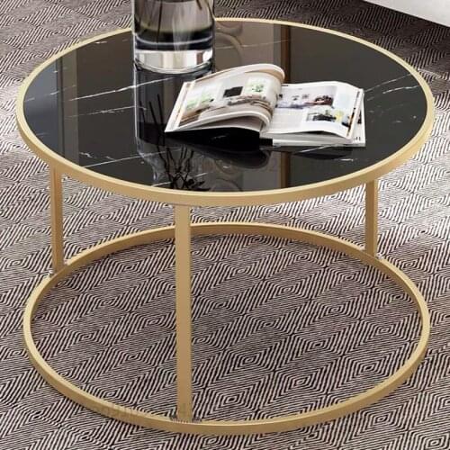 Nordic Light Luxury Imitation Marble Sofa Coffee Table Small Apartment Living Room Simple Modern Metal Round Tea Table Combinati