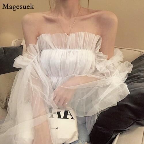 Sexy Women Tops and Blouse 2021 Autumn Slash Neck Blusas Chic Women Shirt Women Flared Sleeve Sweet Mesh Womens Blouses 10269