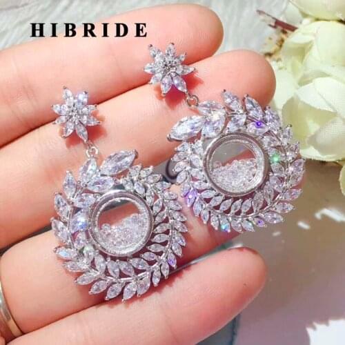 HIBRIDE Trendy Fashion Leaf White Gold CZ Drop Earrings For Women Luxury Party Accessories Brincos Jewelry Patry Gifts E-942