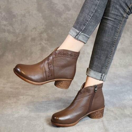 Spring Autumn Women Boots Genuine Leather Thick Heels Ankle Boots For Women Shoes Retro Handmade Zipper Short Boots