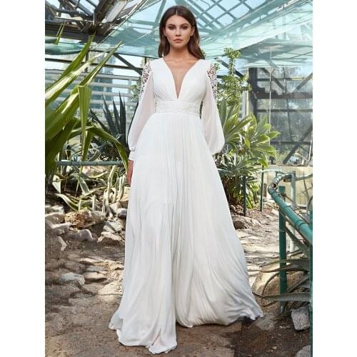 Bohemian Beach Chiffon A Line Wedding Dress V-Neck Simple 2021 Cut Out Lace Long Sleeve Corset Back Big Size Garden Bridal Gowns