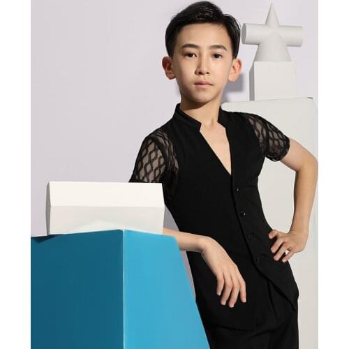 Boys Latin Dance Tops Practice Clothes Summer Short-Sleeved Grid Tops Chacha Ballroom Latin Dance Performance Clothes DN7873
