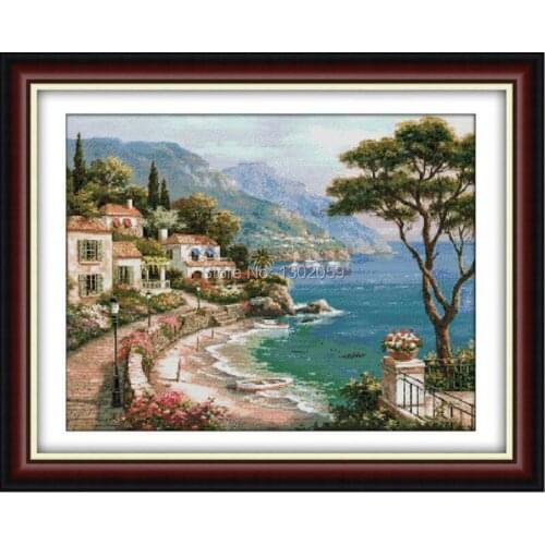 High Quality Avilable Embroidery Cross Stitch Kit Seaside Villa 18CT/16CT/14CT/11CT/9CT