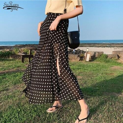 Summer Autumn Vintage Chiffon Skirts Print Floral A-line Women Skirt Split High Waist Wild Casual Mid-Calf Jupe Femme 10013