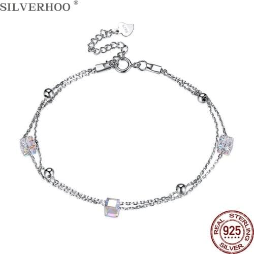 SILVERHOO Womens Bracelets 925 Sterling Silver Geometric Square Austria Crystal Adjustable Charm Bracelets Female Fine Jewelry