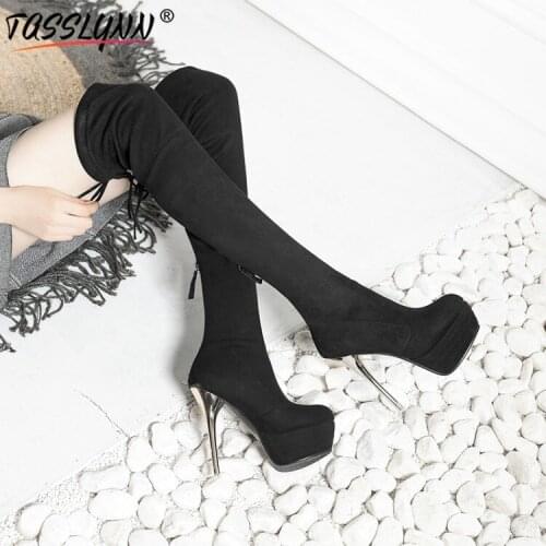 TASSLYNN 2019 zipper Platform Women Boots Thin High Heel Boots Over The Knee Boots Stretch Fabric Lace Up Women Winter Shoes