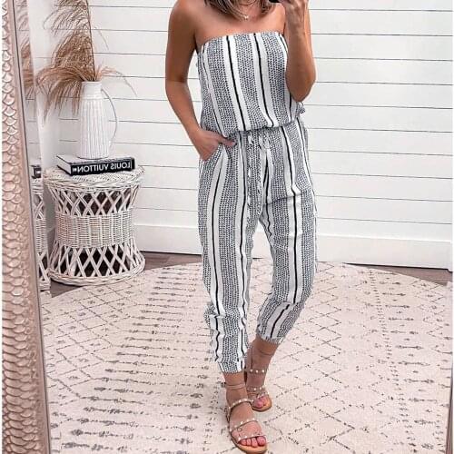 Elegant Sexy Jumpsuits Women Sleeveless Stripe Printing Rompers Strapless Long Wide Leg Jumpsuits Beach Overalls