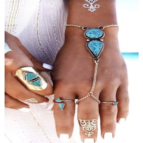 Womens Fashion Turquoises Stone Hand Chain Slave Bracelets Or Anklets Circle Hipster Boho Jewelry