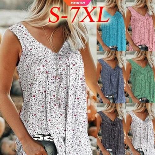 2021 Summer V-neck Floral Print Sleeveless Top Ladies Casual Loose Vest Ladies T-shirt XL Sexy Vest Top