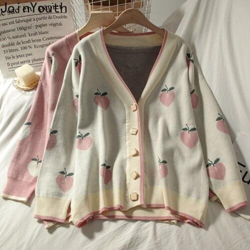Joinyouth Sweet Peach Print Sweater Korean Knitwear Cropped Cardigan V-neck Long Sleeve weater Loose Sueter Ropa Mujer 7a899