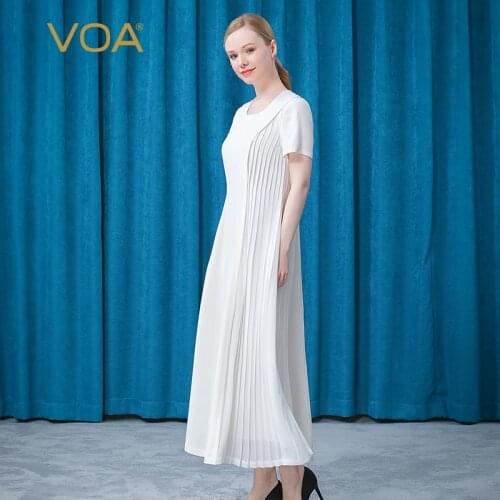 VOA Heavy 36m/m Silk Round Neck Asymmetric Tucker Pleat Design AE766 White Short Sleeve Long Woman Dress Summer 2021