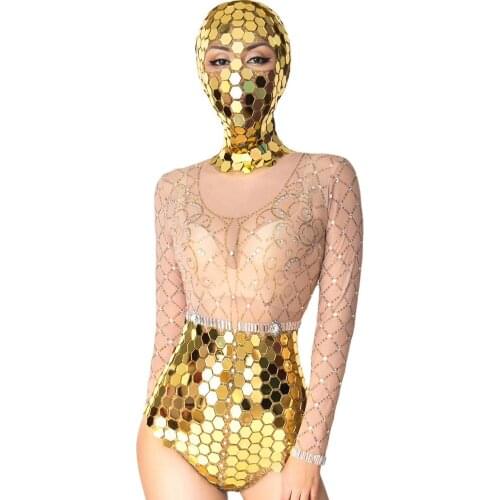 Shining Inlaid Rhinestone Print Perspective Gauze Bodysuit Glistening Sequined Sknny Elastic Jumpsuit DJ Singer Dance Stage Wear