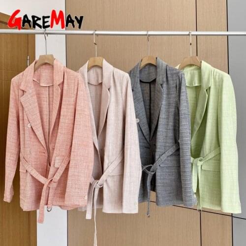 Autumn Women Elegant Jacket High Quality Green Vintage Suit Oversized Beige Korean Style Cotton Linen Blazer with Belt for Women