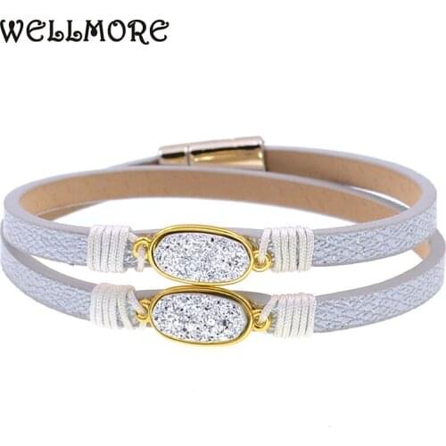 WELLMORE 6 colors two Layer leather bracelet fashion stone bracelets charm bracelets for women party jewelry wholesale