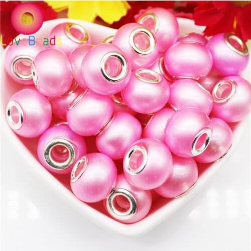 10Pcs 16MM Pink Pearl Beads Murano Glass Big Hole Silver Plated Bead Fit Pandora Charm Bracelet Women Snake Chain Jewelry Making